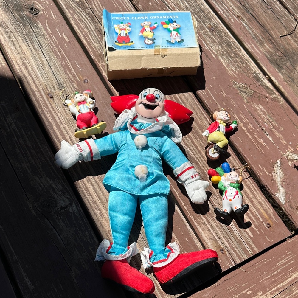 Vintage Bozo Clown 1960’s Plush Toy with bonus Clown Ornaments set